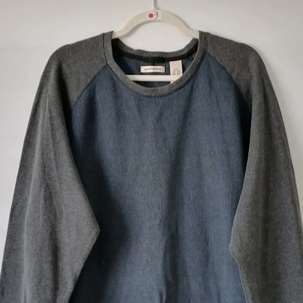 DKNY Jeans Men's Blue Gray Color Block Crew Neck Raglan Sleeve Sweater Size XXL - Picture 2 of 8